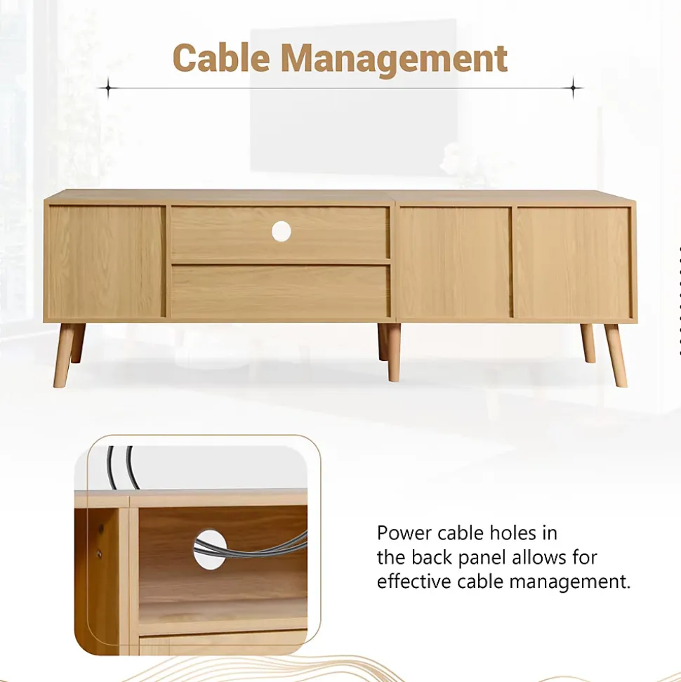 Meuble TV 180 cm avec 2 Portes et 1 Tiroir en Rotin, Gestion des Câbles, Pieds en Bois Massif - Style Rustique - Naturel