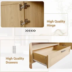 Meuble TV 180 cm avec 2 Portes et 1 Tiroir en Rotin, Gestion des Câbles, Pieds en Bois Massif - Style Rustique - Naturel