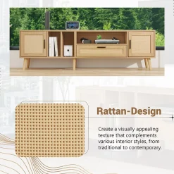 Meuble TV 180 cm avec 2 Portes et 1 Tiroir en Rotin, Gestion des Câbles, Pieds en Bois Massif - Style Rustique - Naturel