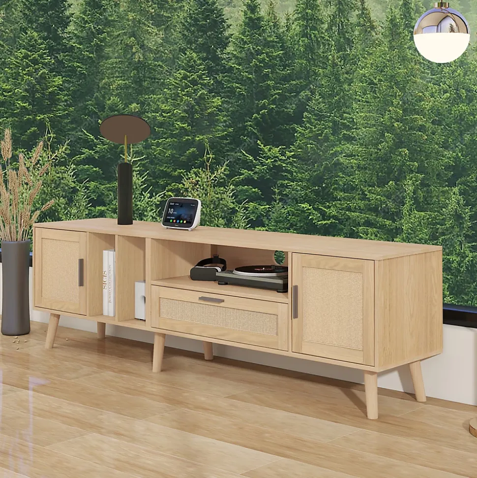 Meuble TV 180 cm avec 2 Portes et 1 Tiroir en Rotin, Gestion des Câbles, Pieds en Bois Massif - Style Rustique - Naturel