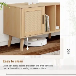 Meuble TV 180 cm avec 2 Portes et 1 Tiroir en Rotin, Gestion des Câbles, Pieds en Bois Massif - Style Rustique - Naturel