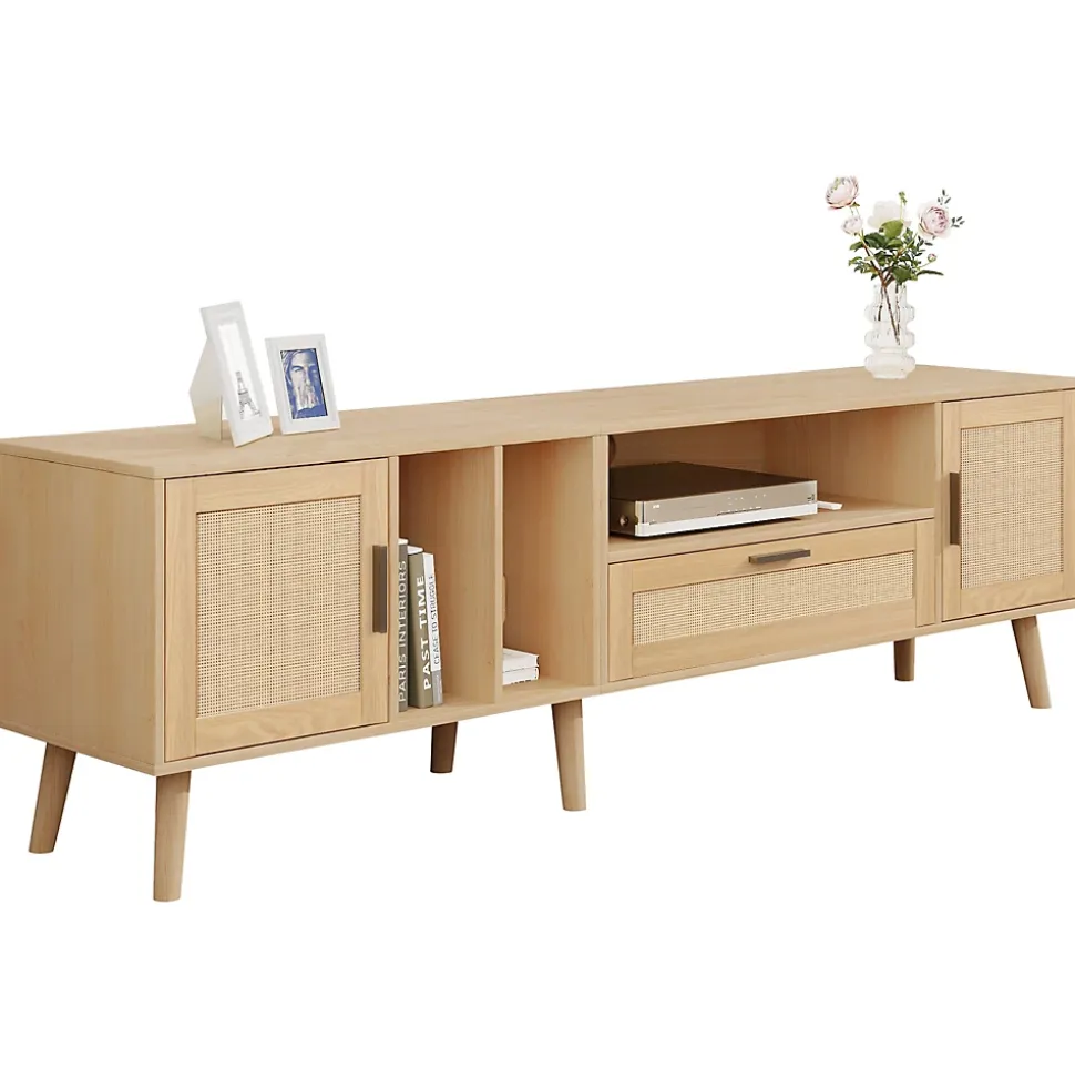 Meuble TV 180 cm avec 2 Portes et 1 Tiroir en Rotin, Gestion des Câbles, Pieds en Bois Massif - Style Rustique - Naturel