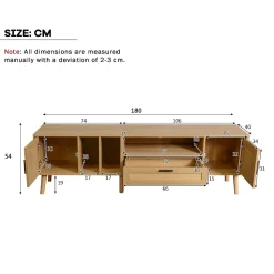 Meuble TV 180 cm avec 2 Portes et 1 Tiroir en Rotin, Gestion des Câbles, Pieds en Bois Massif - Style Rustique - Naturel
