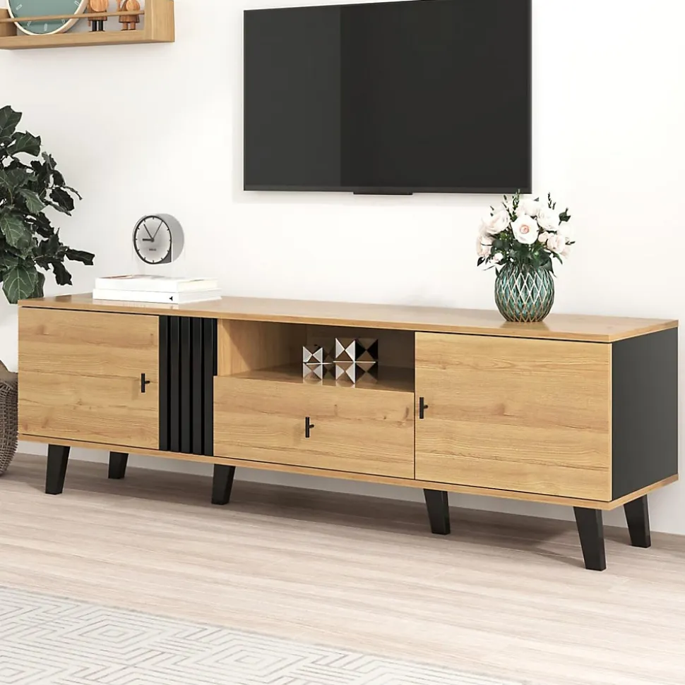 Meuble TV 170 cm avec design bois et noir, tiroirs, fonction de rangement, style élégant et moderne