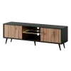 Meuble TV 135 cm avec LED noir et chene Wotan facades a lamelles BELLO