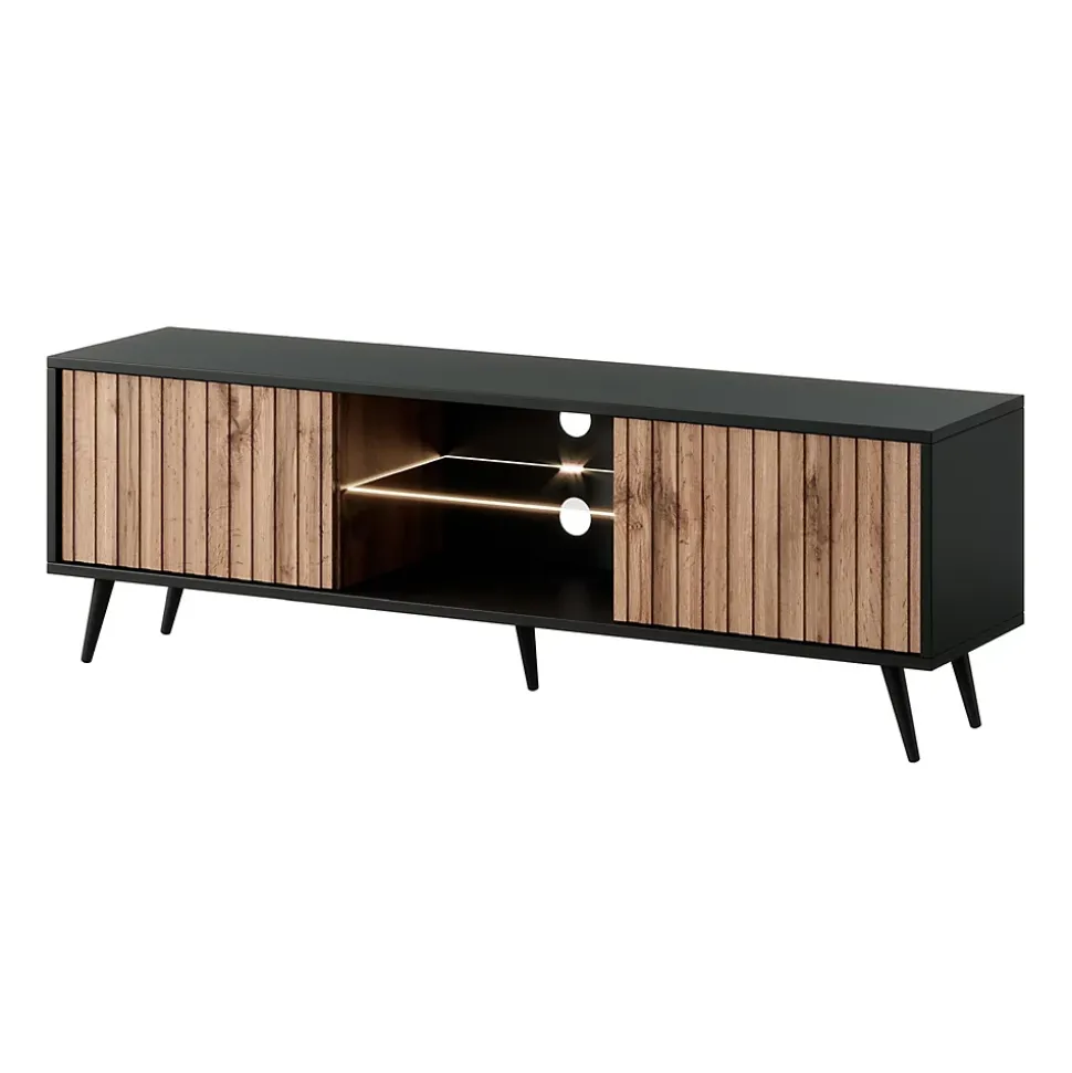 Meuble TV 135 cm avec LED noir et chene Wotan facades a lamelles BELLO