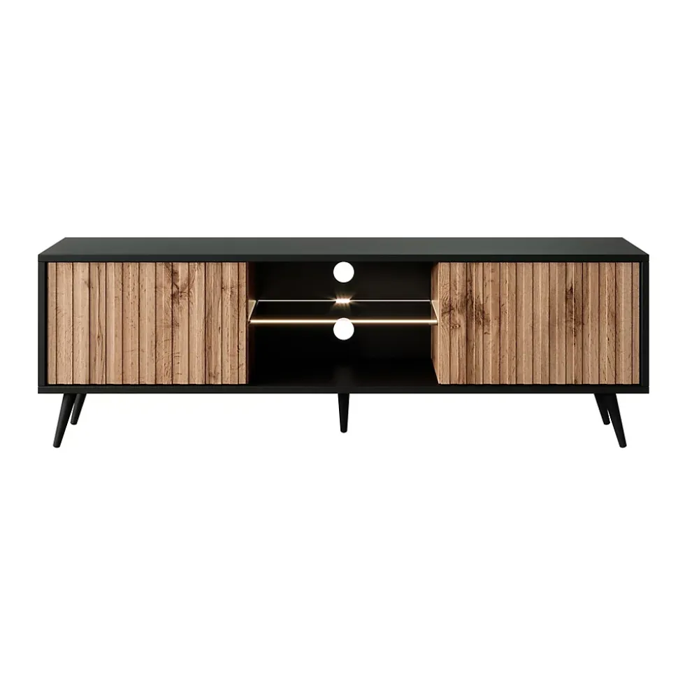 Meuble TV 135 cm avec LED noir et chene Wotan facades a lamelles BELLO
