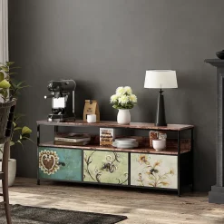 Meuble TV 137 cm avec LED, plateau effet bois tigre, 4 tiroirs tissu coloré, cadre métal, rangement moderne pieds réglables
