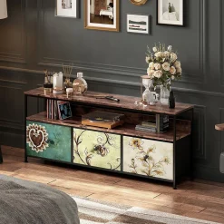 Meuble TV 137 cm avec LED, plateau effet bois tigre, 4 tiroirs tissu coloré, cadre métal, rangement moderne pieds réglables