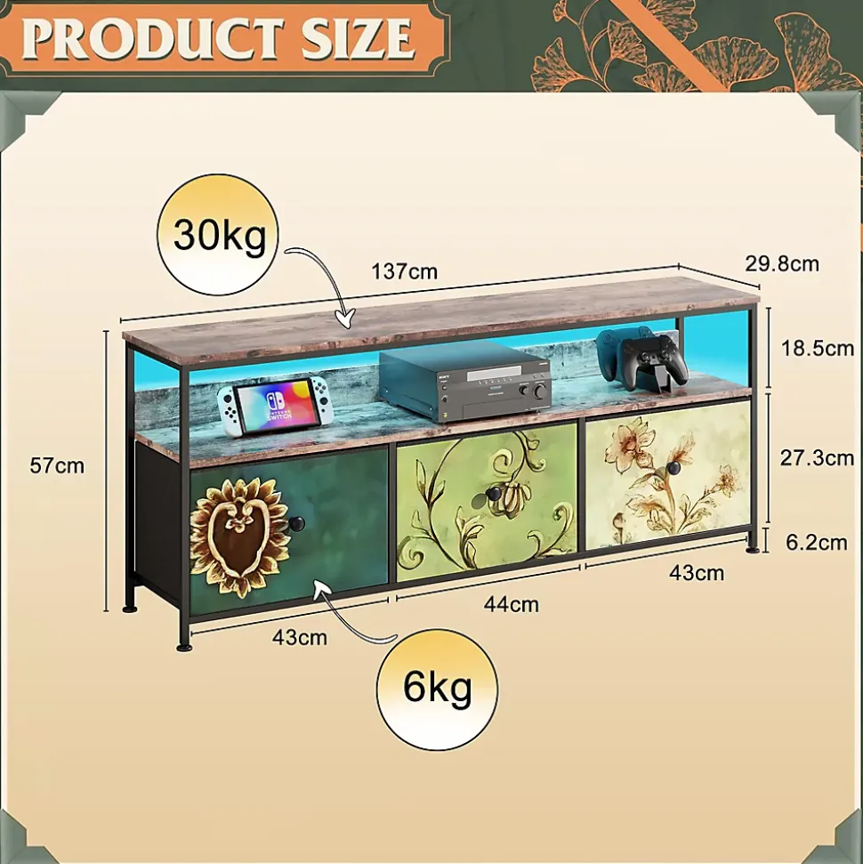 Meuble TV 137 cm avec LED, plateau effet bois tigre, 4 tiroirs tissu coloré, cadre métal, rangement moderne pieds réglables