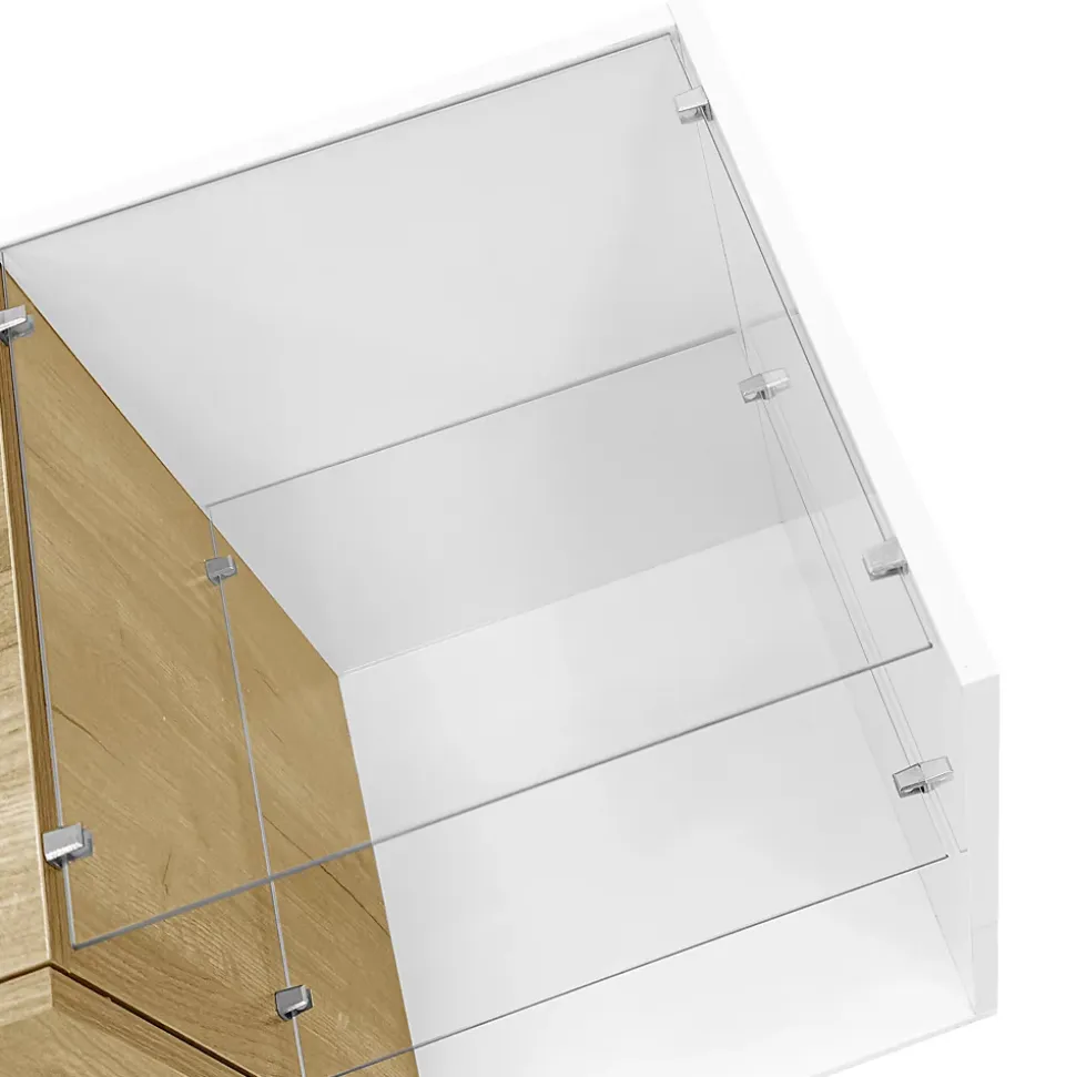 Meuble TV 180 cm avec Rangements et Étagères en Verre, Pieds Bois, Design Moderne, PB Partiellement Brillant - 180x38x48 cm, Blanc