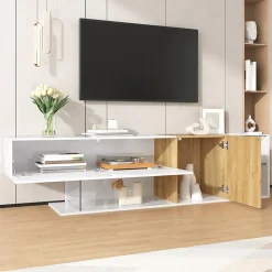 Meuble TV 180 cm avec Rangements et Étagères en Verre, Pieds Bois, Design Moderne, PB Partiellement Brillant - 180x38x48 cm, Blanc