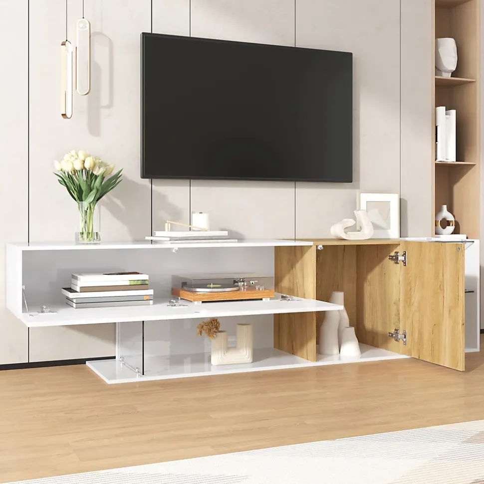 Meuble TV 180 cm avec Rangements et Étagères en Verre, Pieds Bois, Design Moderne, PB Partiellement Brillant - 180x38x48 cm, Blanc