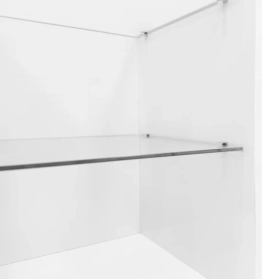 Meuble TV 180 cm avec Rangements et Étagères en Verre, Pieds Bois, Design Moderne, PB Partiellement Brillant - 180x38x48 cm, Blanc