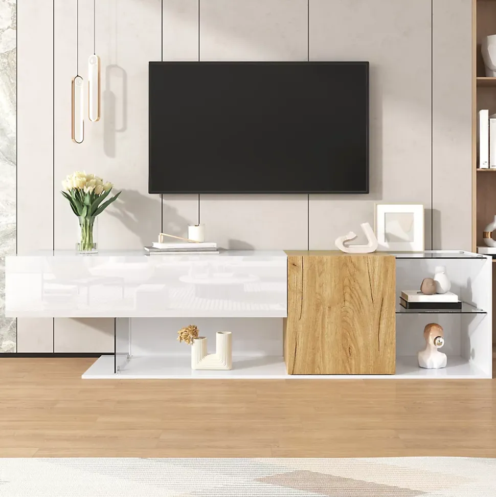 Meuble TV 180 cm avec Rangements et Étagères en Verre, Pieds Bois, Design Moderne, PB Partiellement Brillant - 180x38x48 cm, Blanc