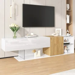 Meuble TV 180 cm avec Rangements et Étagères en Verre, Pieds Bois, Design Moderne, PB Partiellement Brillant - 180x38x48 cm, Blanc