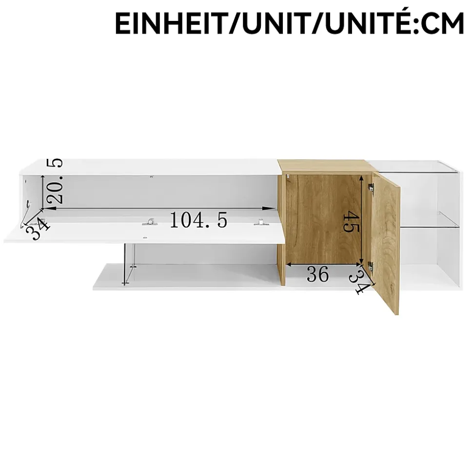 Meuble TV 180 cm avec Rangements et Étagères en Verre, Pieds Bois, Design Moderne, PB Partiellement Brillant - 180x38x48 cm, Blanc
