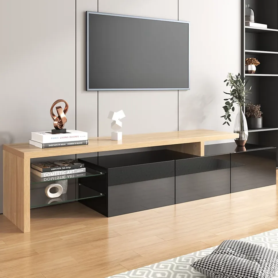 Meuble TV 197,5 Cm Avec Étagères En Verre Et Éclairage LED,3 Portes, Aspect Bois, Noir
