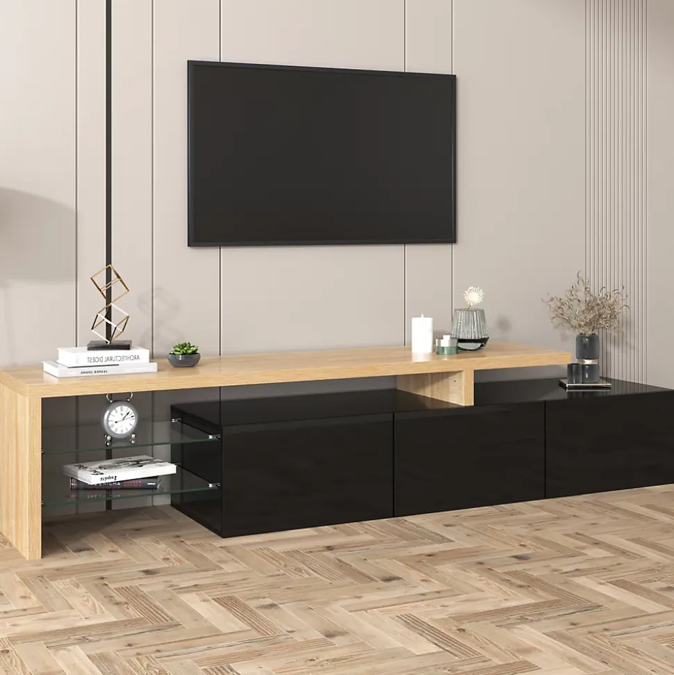 Meuble TV 197,5 Cm Avec Étagères En Verre Et Éclairage LED,3 Portes, Aspect Bois, Noir