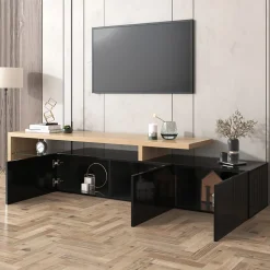 Meuble TV 197,5 Cm Avec Étagères En Verre Et Éclairage LED,3 Portes, Aspect Bois, Noir