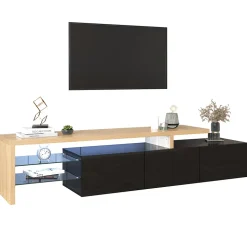 Meuble TV 197,5 Cm Avec Étagères En Verre Et Éclairage LED,3 Portes, Aspect Bois, Noir