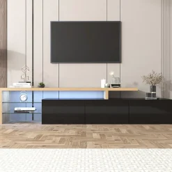 Meuble TV 197,5 Cm Avec Étagères En Verre Et Éclairage LED,3 Portes, Aspect Bois, Noir