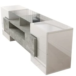 Meuble TV 145 cm blanc brillant, surface en verre LED, Blackcolors