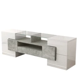 Meuble TV 145 cm blanc brillant, surface en verre LED, Blackcolors