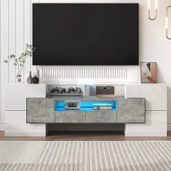 Meuble TV 145 cm blanc brillant, surface en verre LED, Blackcolors