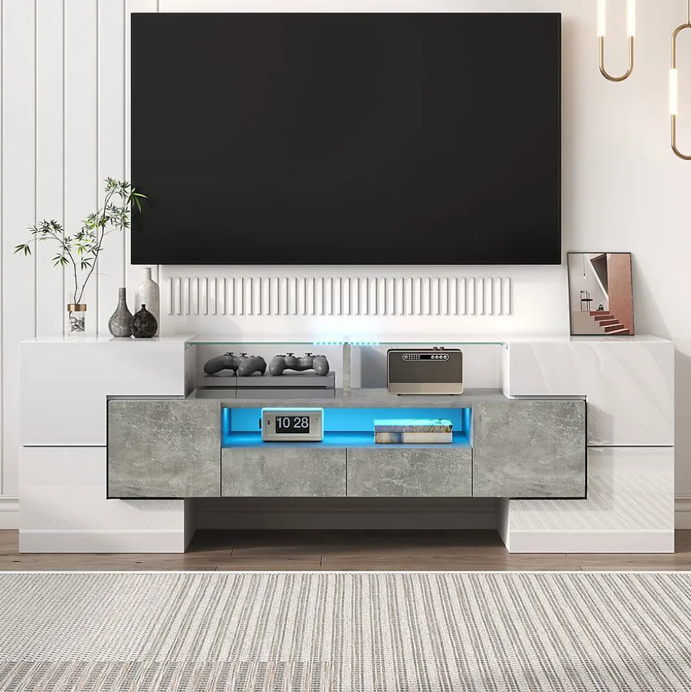 Meuble TV 145 cm blanc brillant, surface en verre LED, Blackcolors