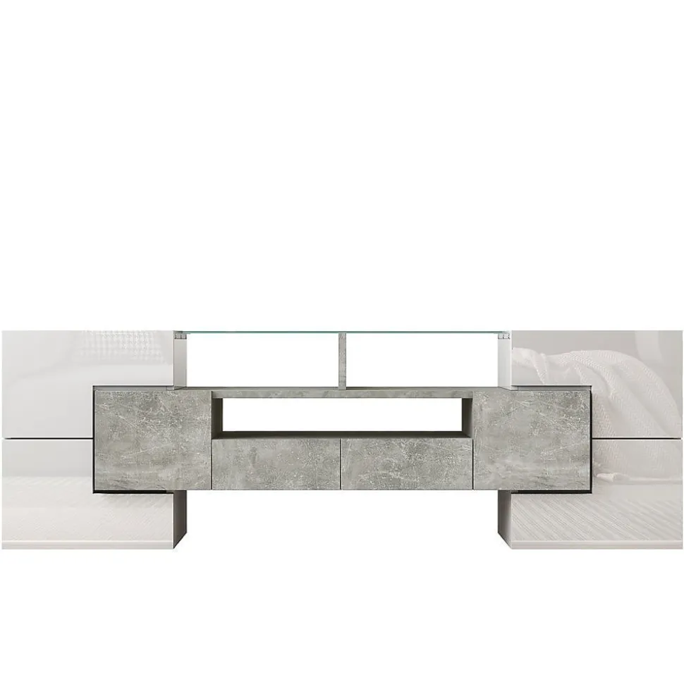Meuble TV 145 cm blanc brillant, surface en verre LED, Blackcolors