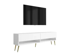 Meuble TV 170 cm Blanc Mat, pieds obliques dorés, 170 x 32 x 52 cm