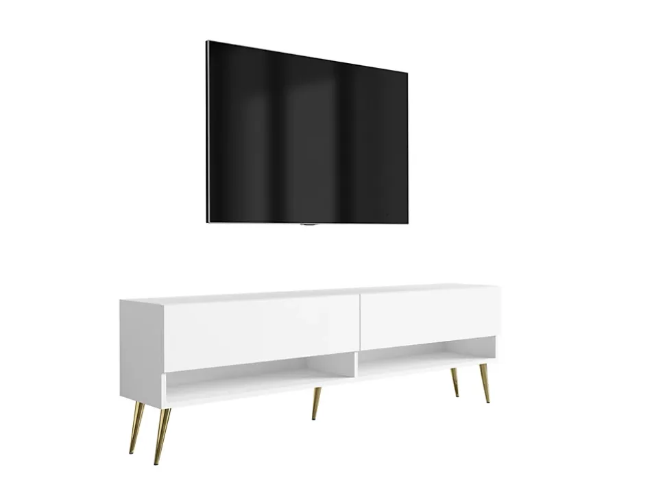 Meuble TV 170 cm Blanc Mat, pieds obliques dorés, 170 x 32 x 52 cm