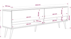 Meuble TV 170 cm Blanc Mat, pieds obliques dorés, 170 x 32 x 52 cm
