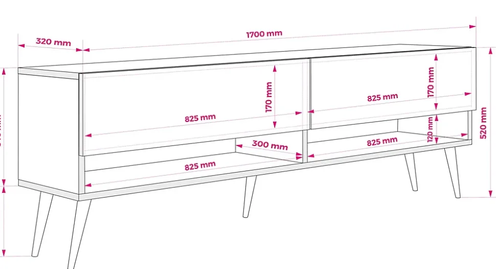 Meuble TV 170 cm Blanc Mat, pieds obliques dorés, 170 x 32 x 52 cm