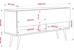 Meuble TV 170 cm Blanc Mat, pieds obliques dorés, 170 x 32 x 52 cm