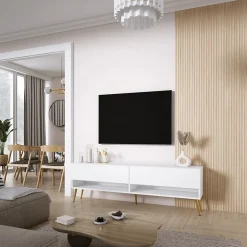 Meuble TV 170 cm Blanc Mat, pieds obliques dorés, 170 x 32 x 52 cm