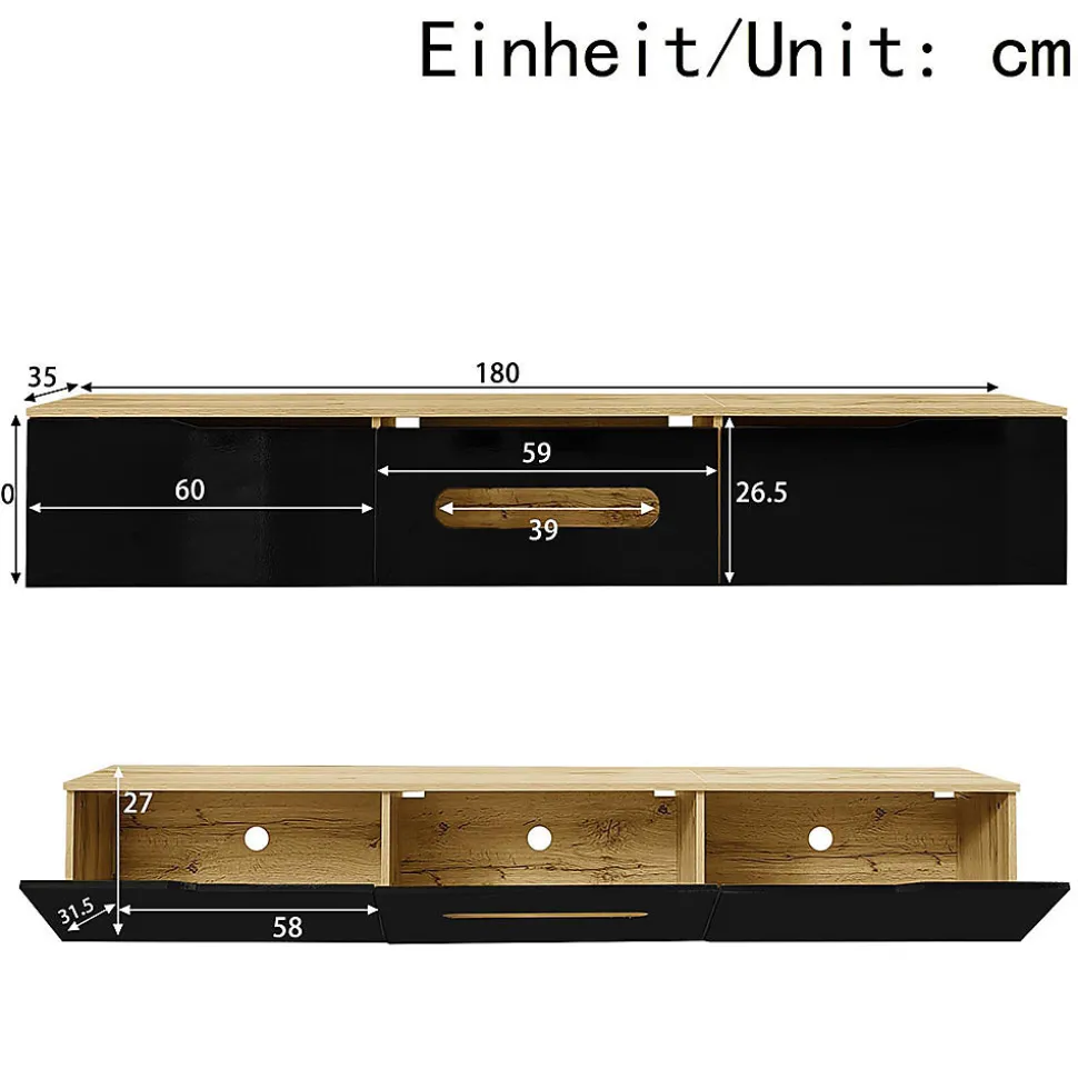 Meuble TV 180 cm brillant éclairage LED RGB 16 couleurs option fixation murale