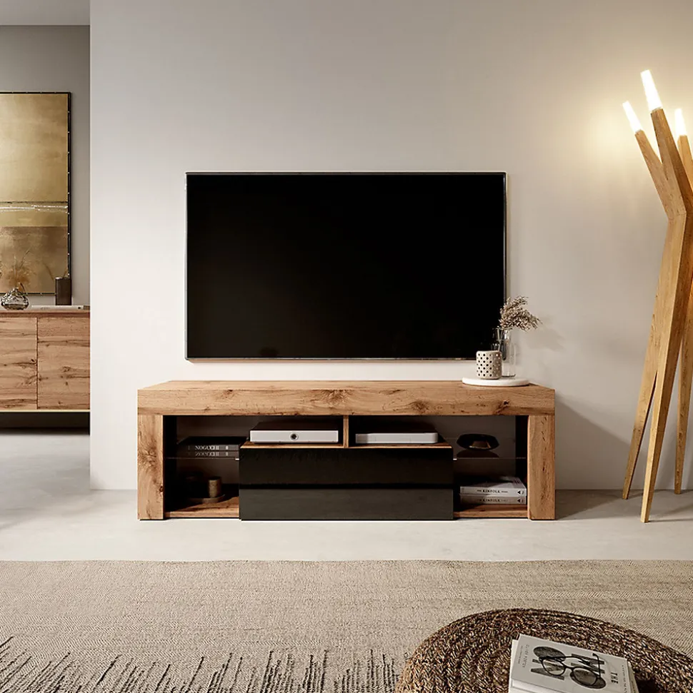 Meuble TV 140 cm chêne Lancelot et noir brillant BIANCO