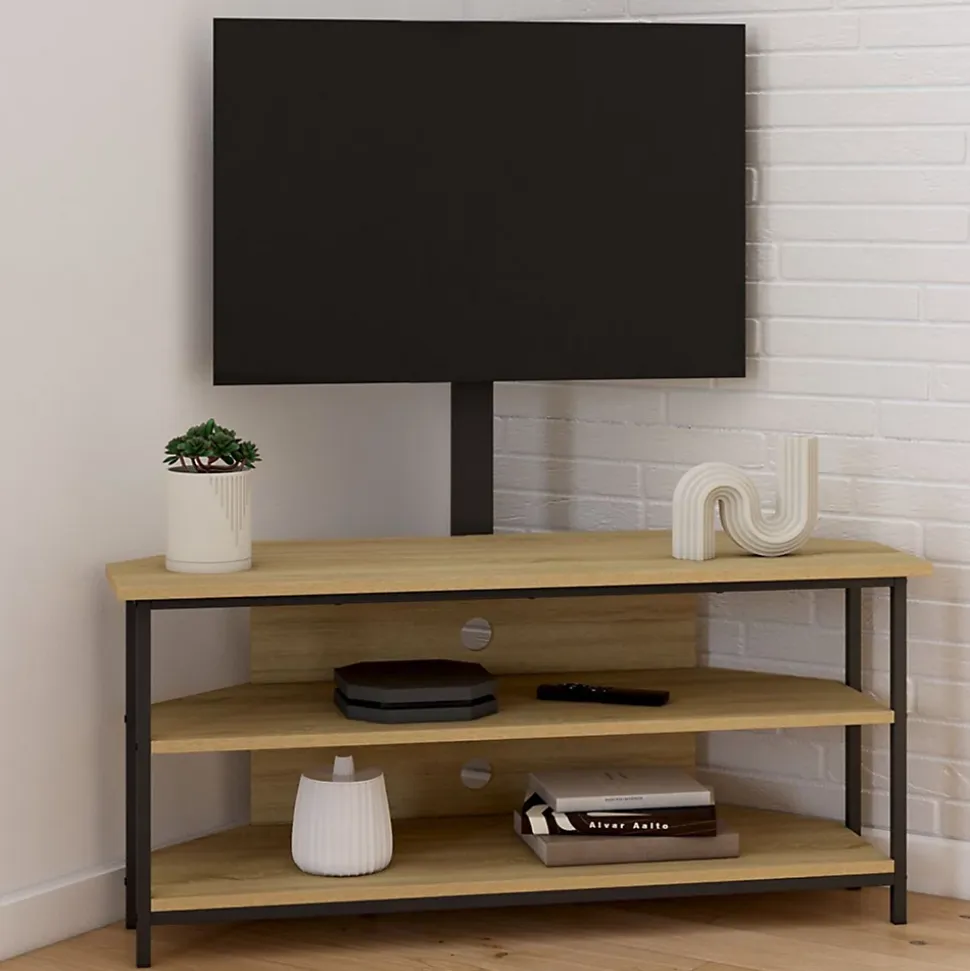 Meuble TV 100 cm d'angle DETROIT avec étagères et support TV réglable de 32 à 70 pouces design industriel