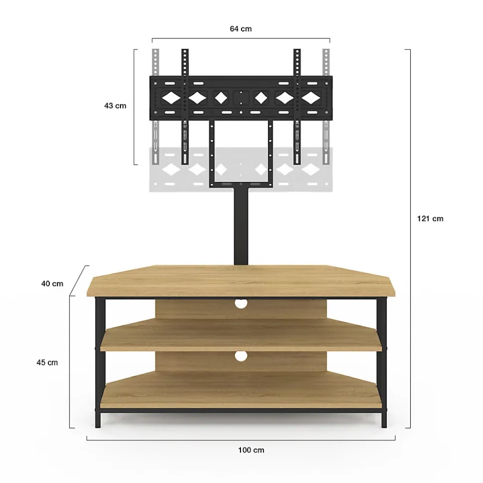 Meuble TV 100 cm d'angle DETROIT avec étagères et support TV réglable de 32 à 70 pouces design industriel
