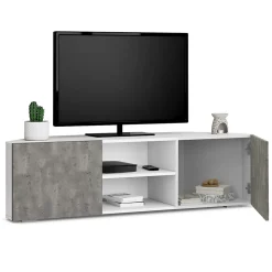 Meuble TV 110 cm d'angle ELI blanc portes effet béton