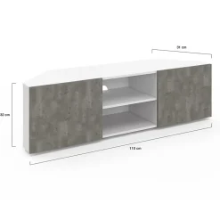 Meuble TV 110 cm d'angle ELI blanc portes effet béton