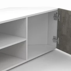 Meuble TV 110 cm d'angle ELI blanc portes effet béton