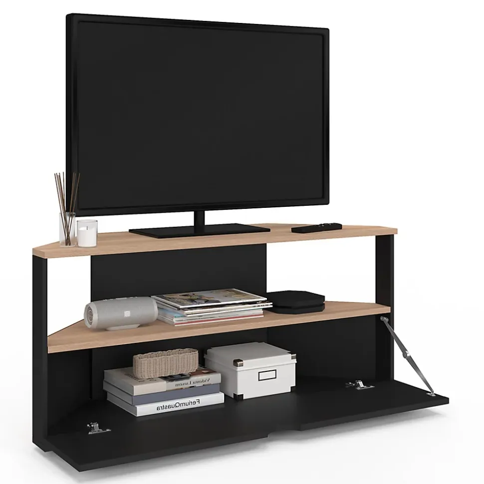 Meuble TV 100 cm d'angle ELI bois façon hêtre et noir