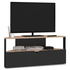 Meuble TV 100 cm d'angle ELI bois façon hêtre et noir