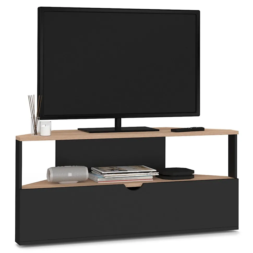 Meuble TV 100 cm d'angle ELI bois façon hêtre et noir