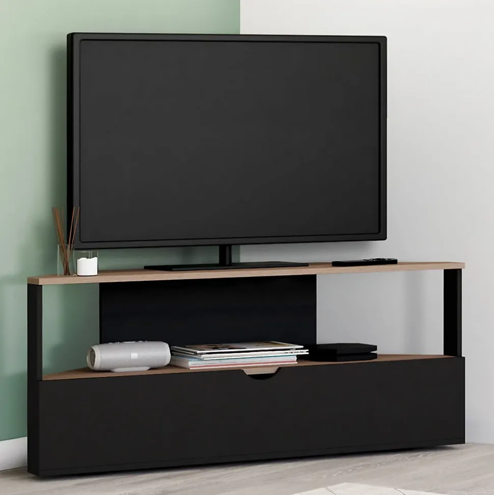 Meuble TV 100 cm d'angle ELI bois façon hêtre et noir