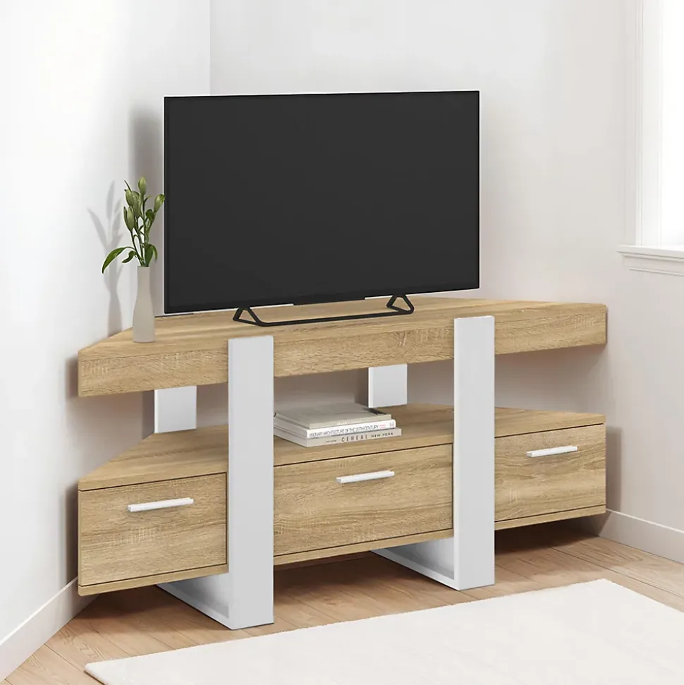 Meuble TV 110 cm d'angle PHOENIX avec tiroir bois et blanc