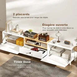 Meuble TV 200 cm design bicolore sur pied 2 portes rabattables tiroir niche effet bois clair blanc